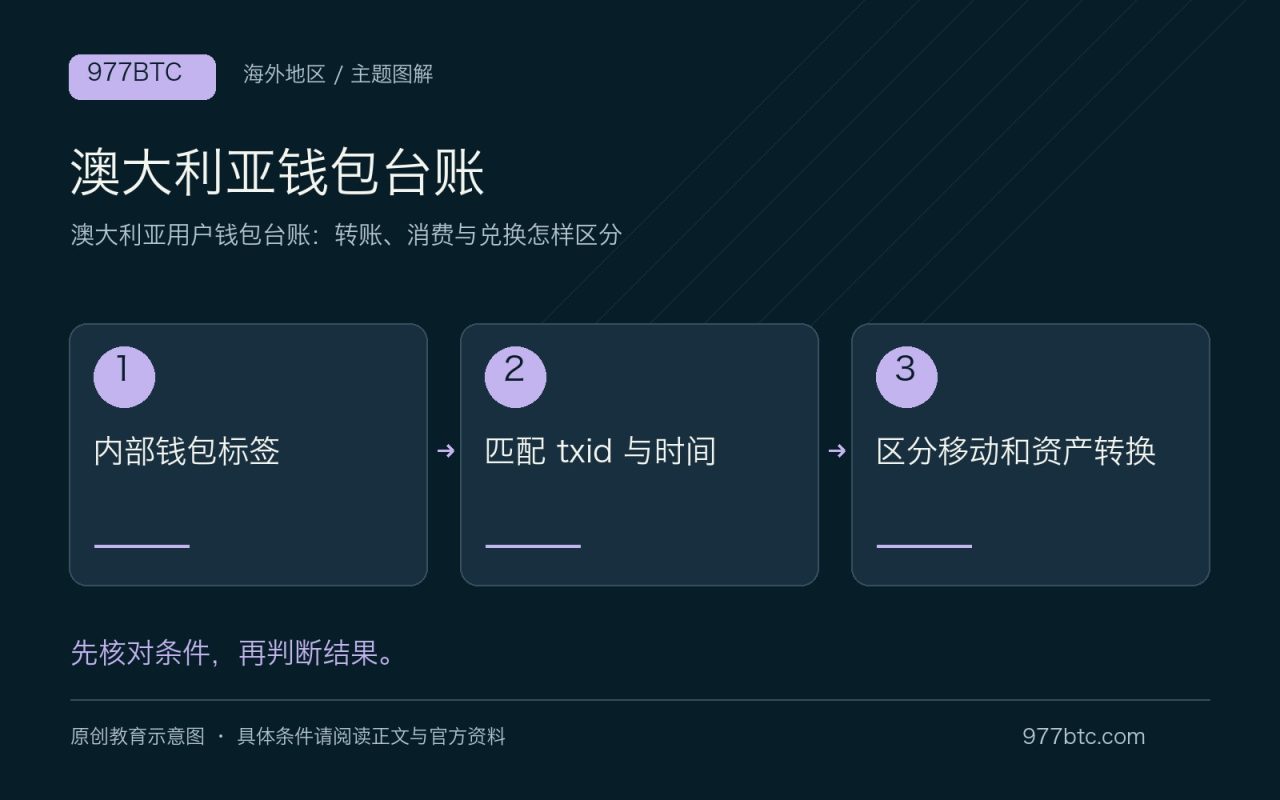 澳大利亚钱包台账：内部钱包标签；匹配 txid 与时间；区分移动和资产转换