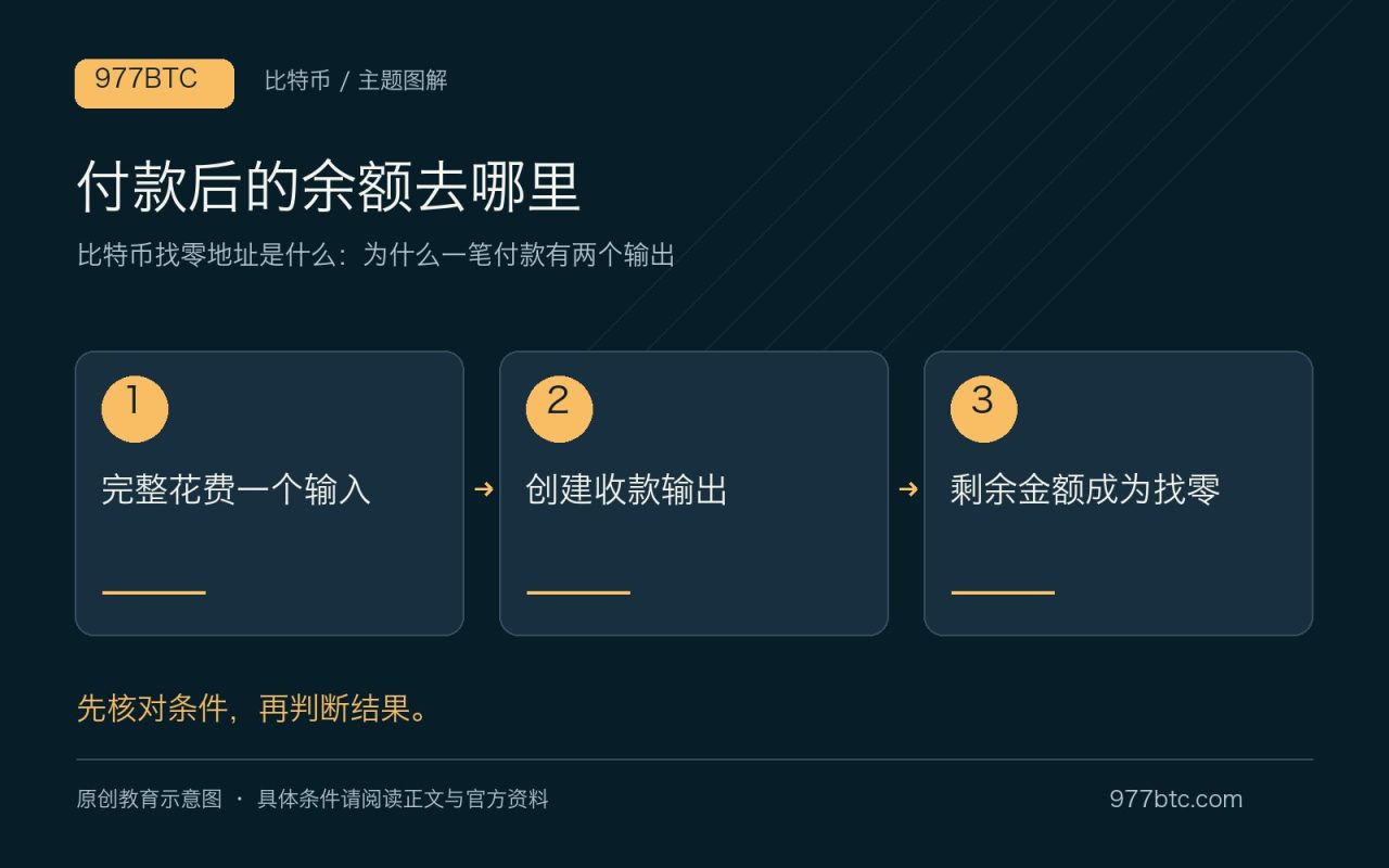 付款后的余额去哪里：完整花费一个输入；创建收款输出；剩余金额成为找零