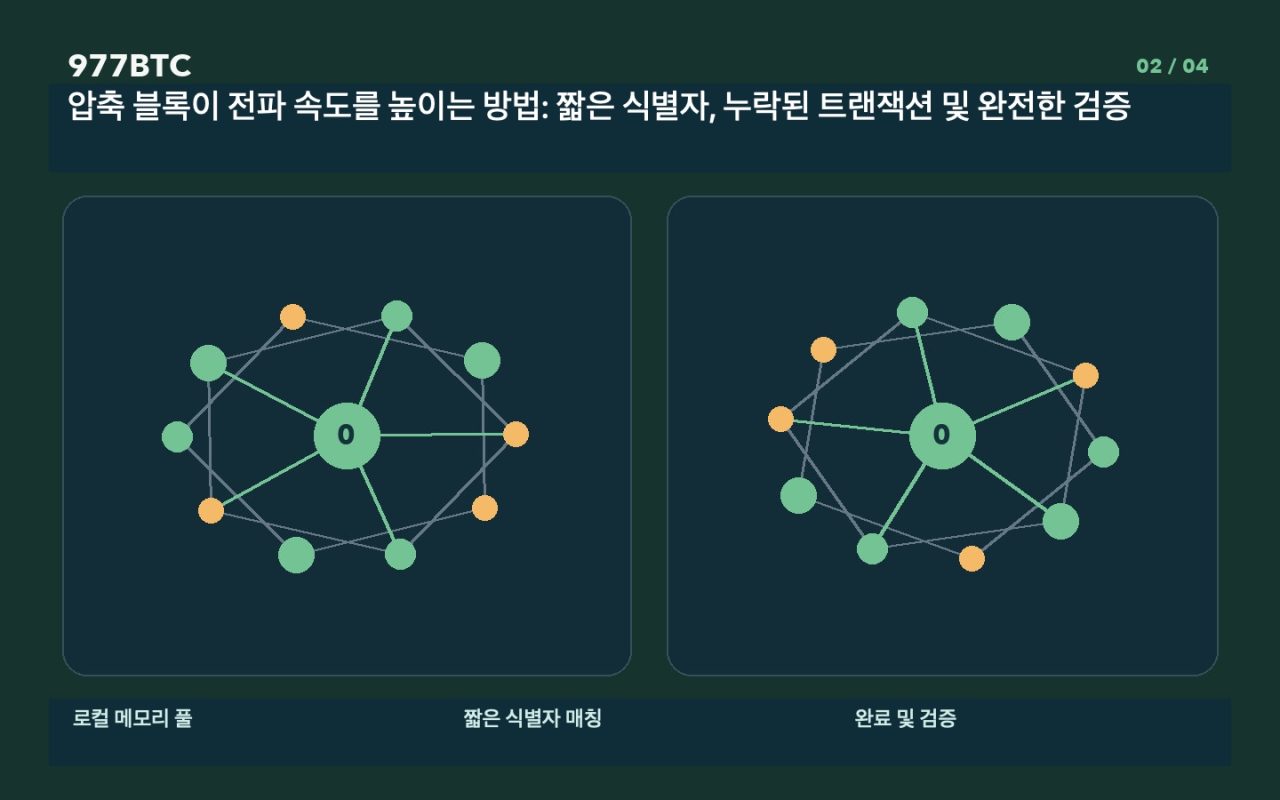 압축 블록이 전파 속도를 높이는 방법: 짧은 식별자, 누락된 트랜잭션 및 완전한 검증