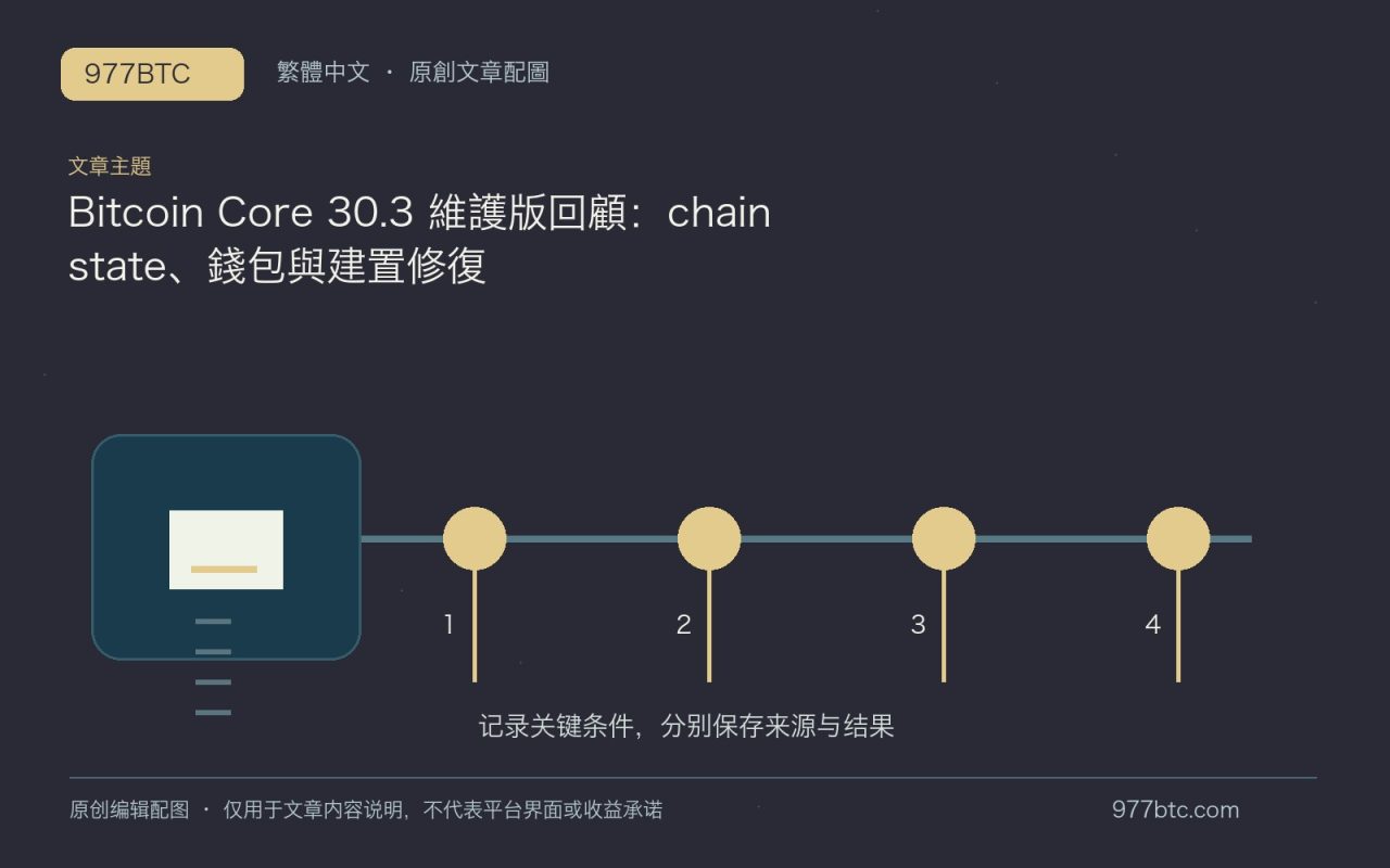 Bitcoin Core 30.3 維護版回顧：chainstate、錢包與建置修復；本文獨立主題示意配圖