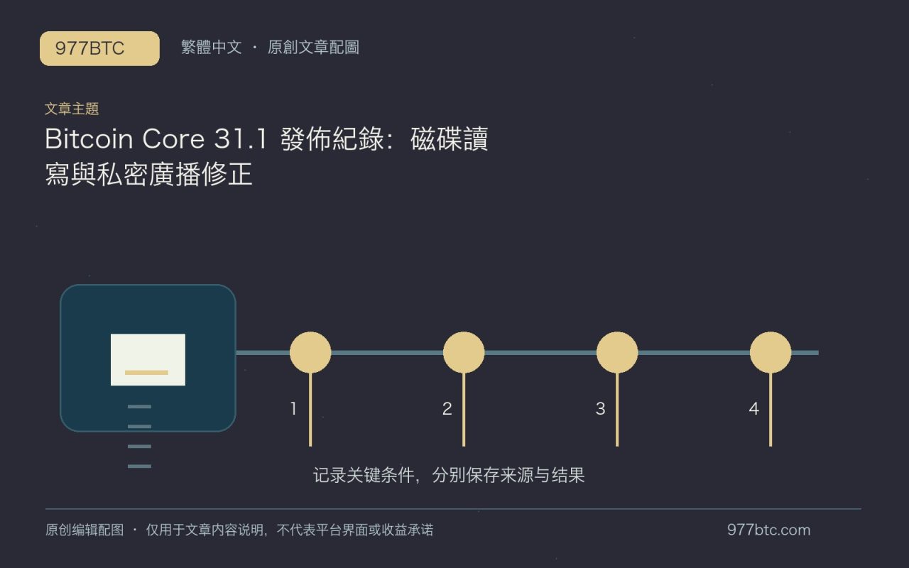 Bitcoin Core 31.1 發佈紀錄：磁碟讀寫與私密廣播修正；本文獨立主題示意配圖