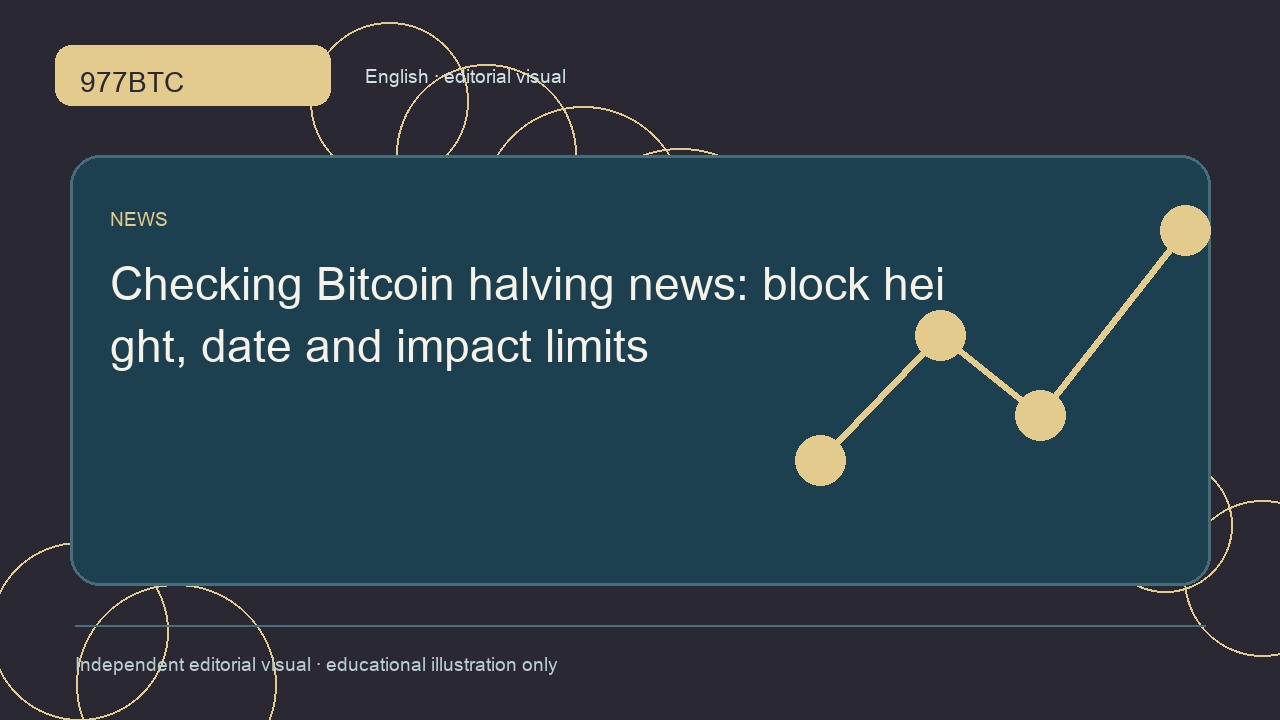 Checking Bitcoin halving news: block height, date and impact limits; independent editorial visual