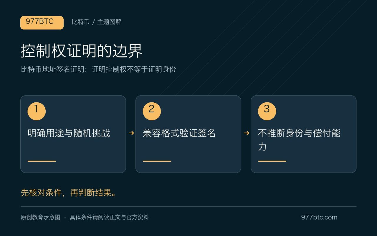 控制权证明的边界：明确用途与随机挑战；兼容格式验证签名；不推断身份与偿付能力
