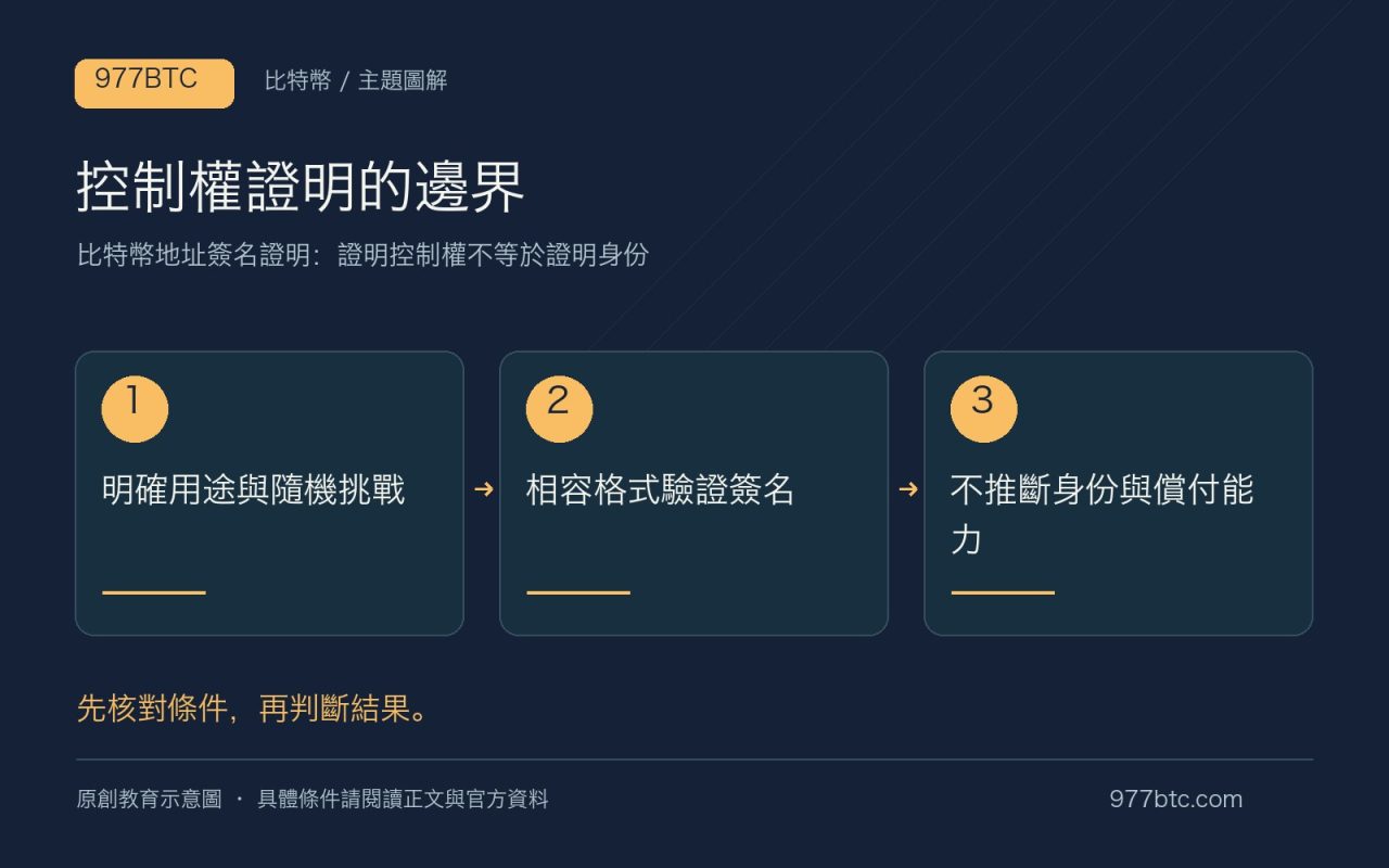 控制權證明的邊界：明確用途與隨機挑戰；相容格式驗證簽名；不推斷身份與償付能力