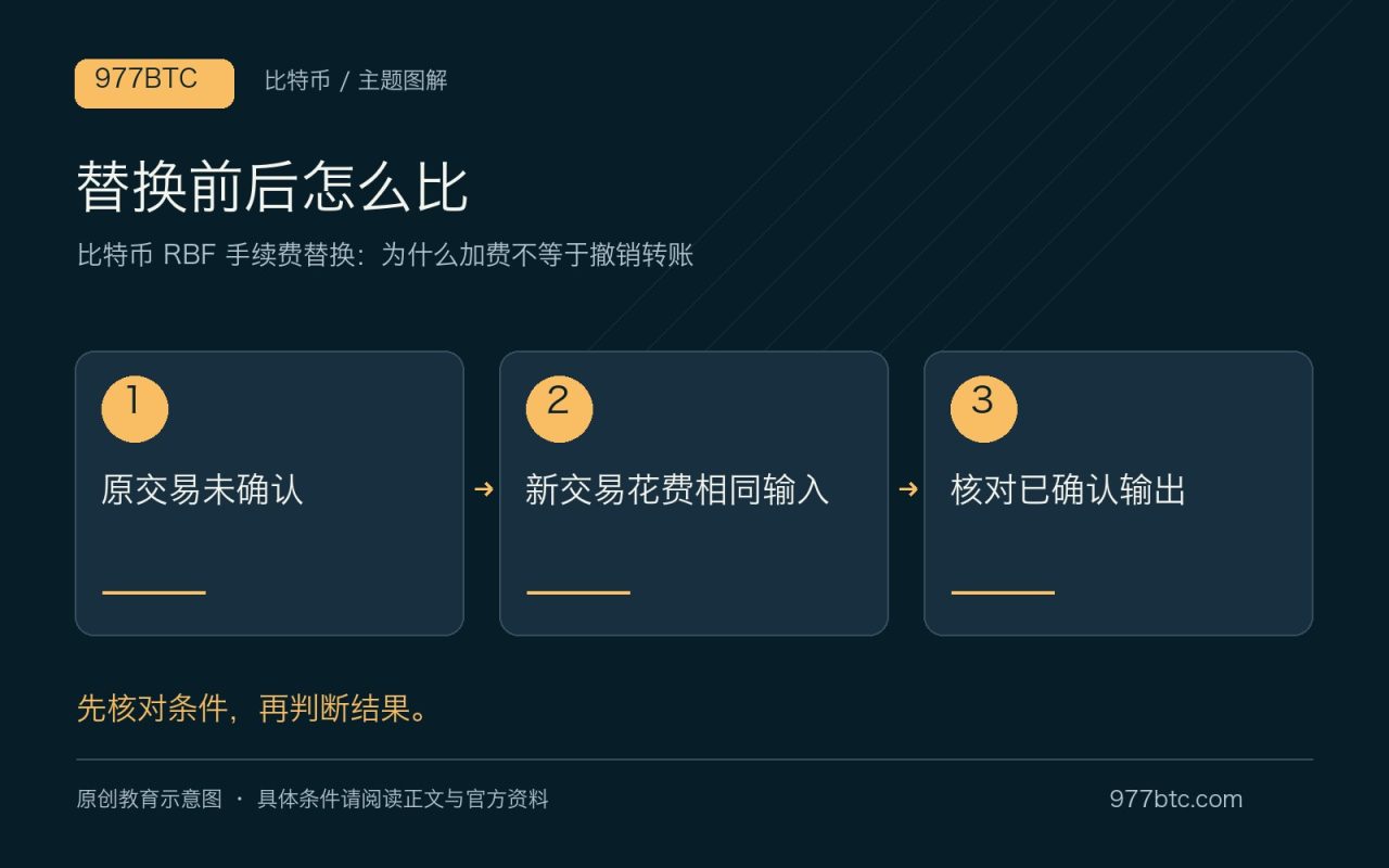 替换前后怎么比：原交易未确认；新交易花费相同输入；核对已确认输出