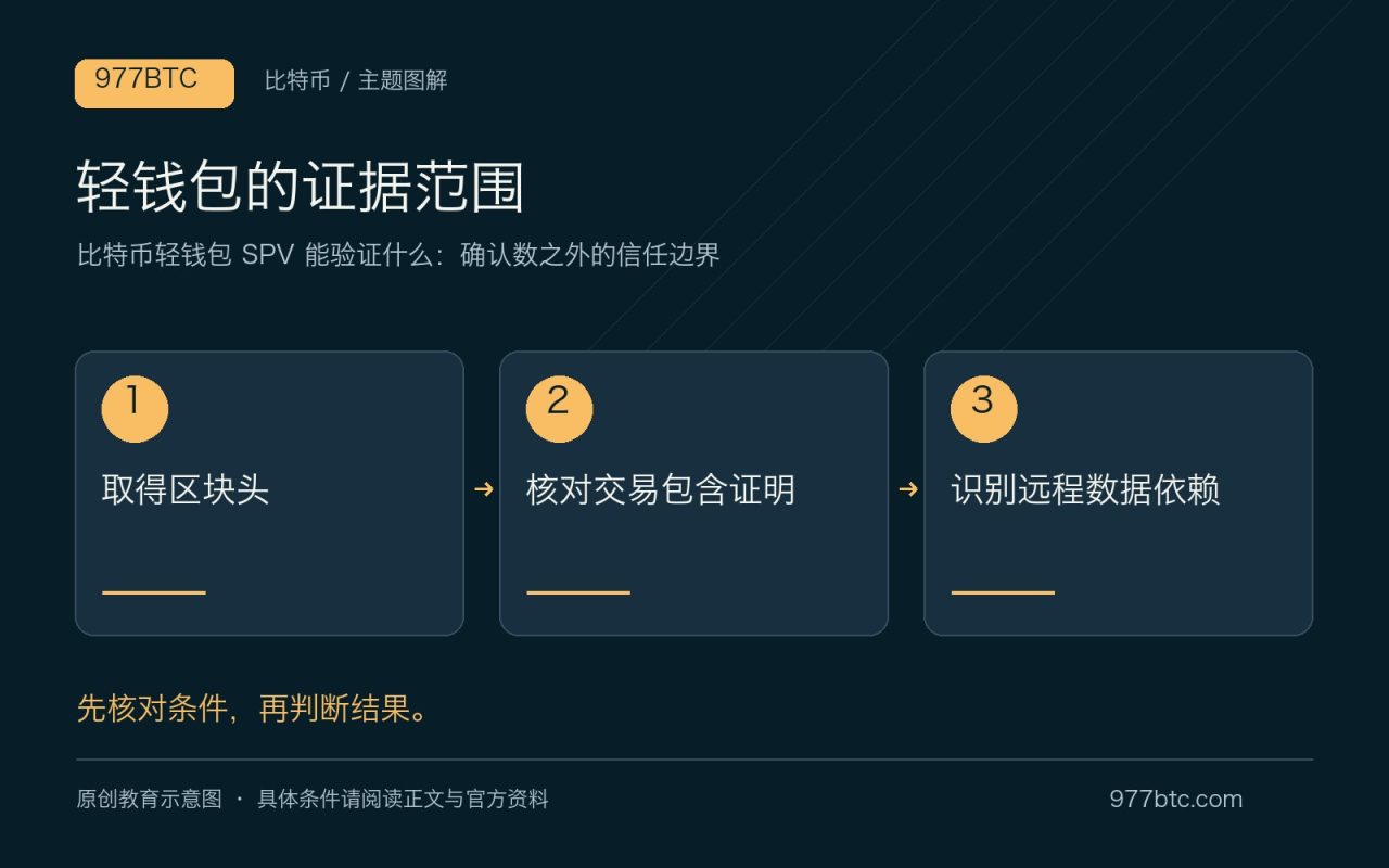 轻钱包的证据范围：取得区块头；核对交易包含证明；识别远程数据依赖