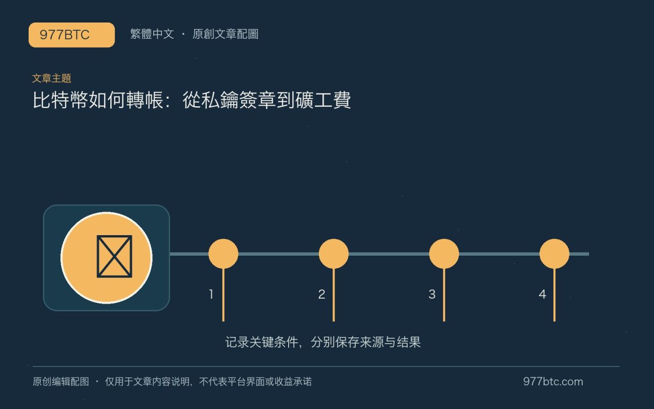 比特幣如何轉帳：從私鑰簽章到礦工費；本文獨立主題示意配圖