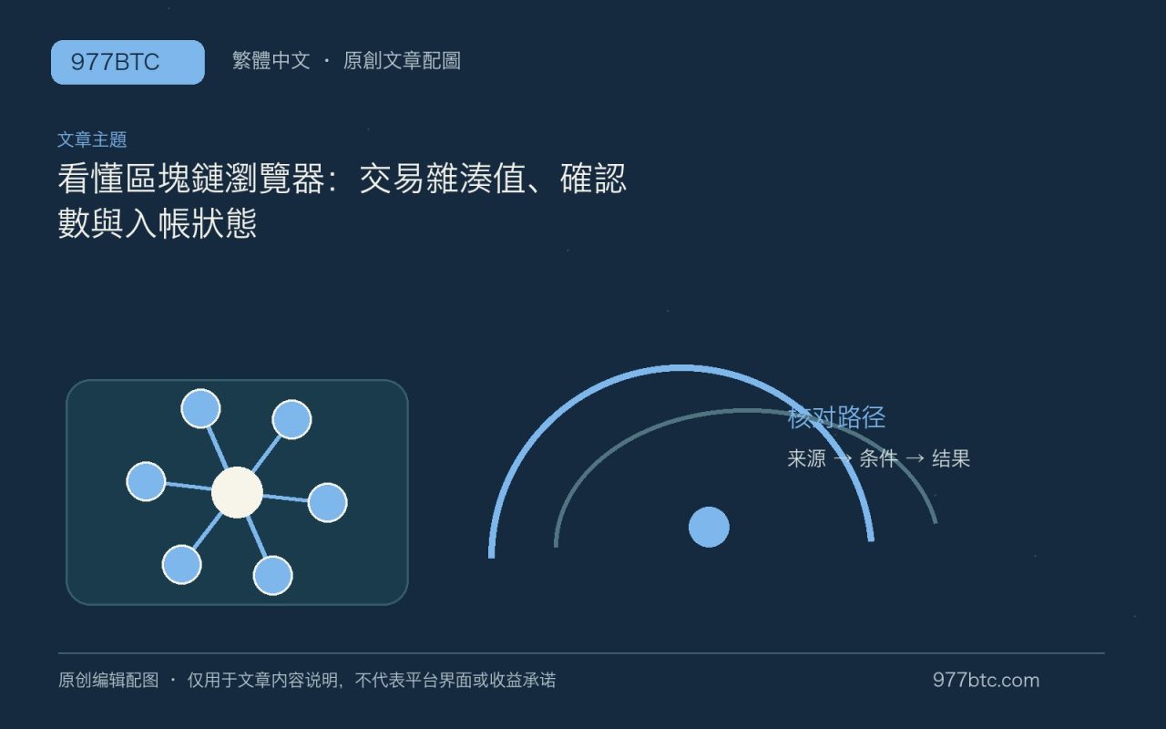 看懂區塊鏈瀏覽器：交易雜湊值、確認數與入帳狀態；本文獨立主題示意配圖
