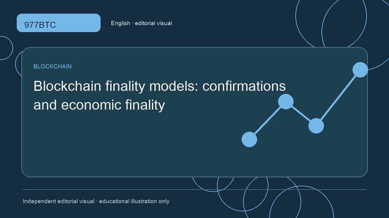 Blockchain finality models: confirmations and economic finality; independent editorial visual
