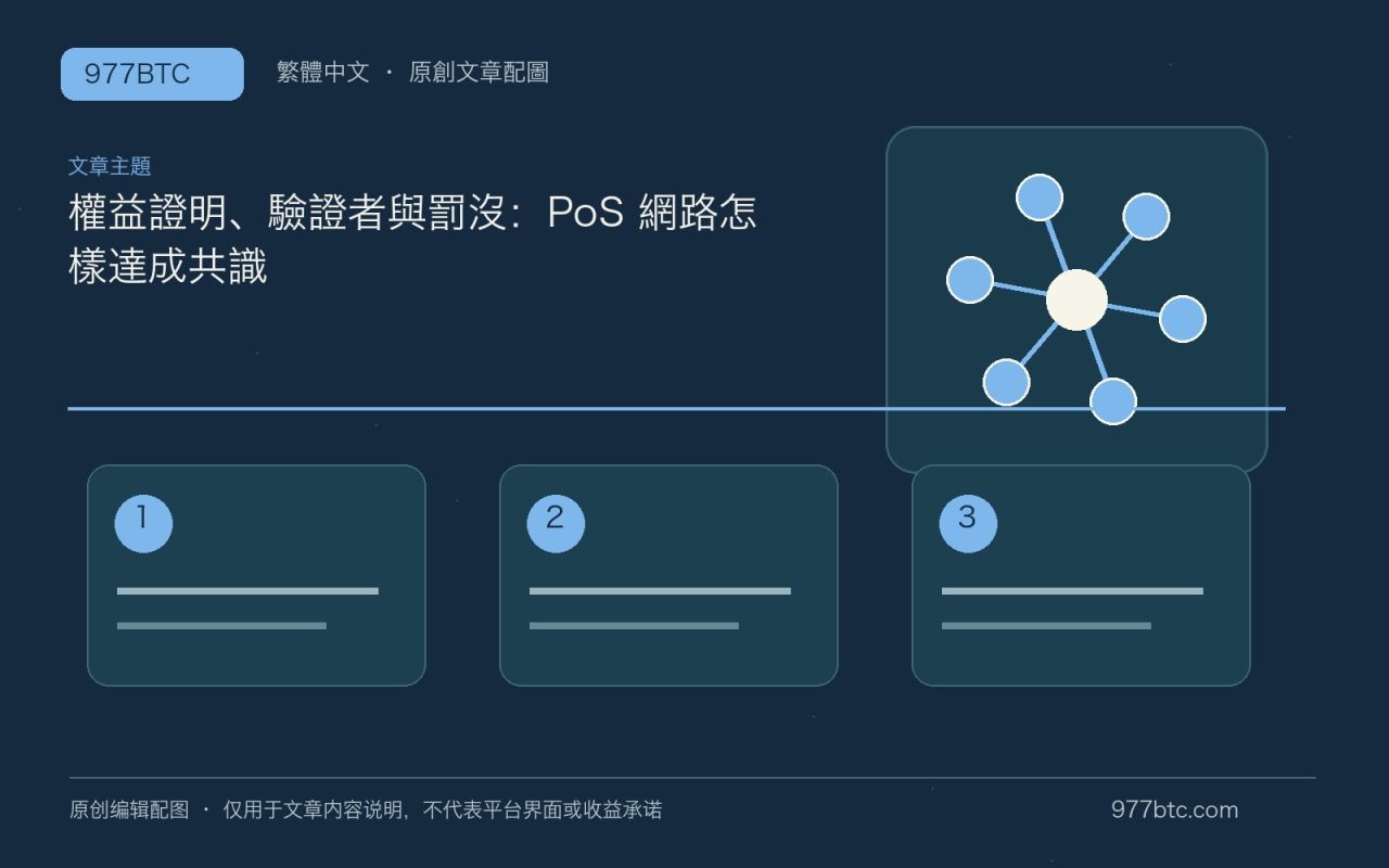 權益證明、驗證者與罰沒：PoS 網路怎樣達成共識；本文獨立主題示意配圖