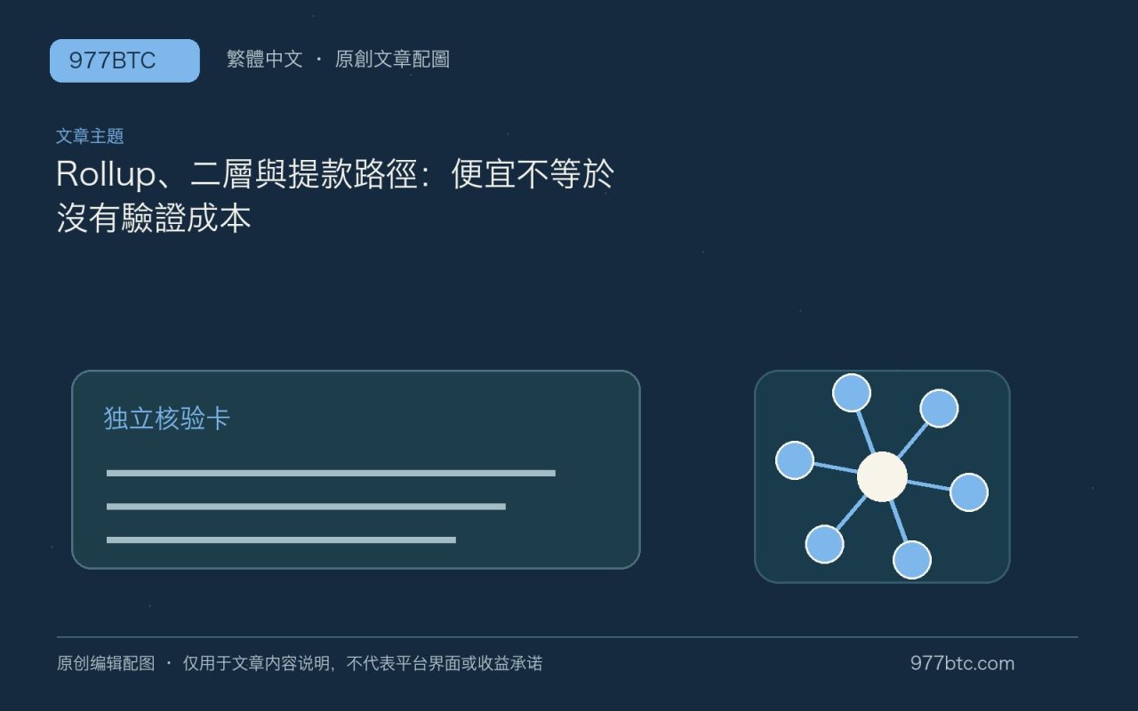 Rollup、二層與提款路徑：便宜不等於沒有驗證成本；本文獨立主題示意配圖
