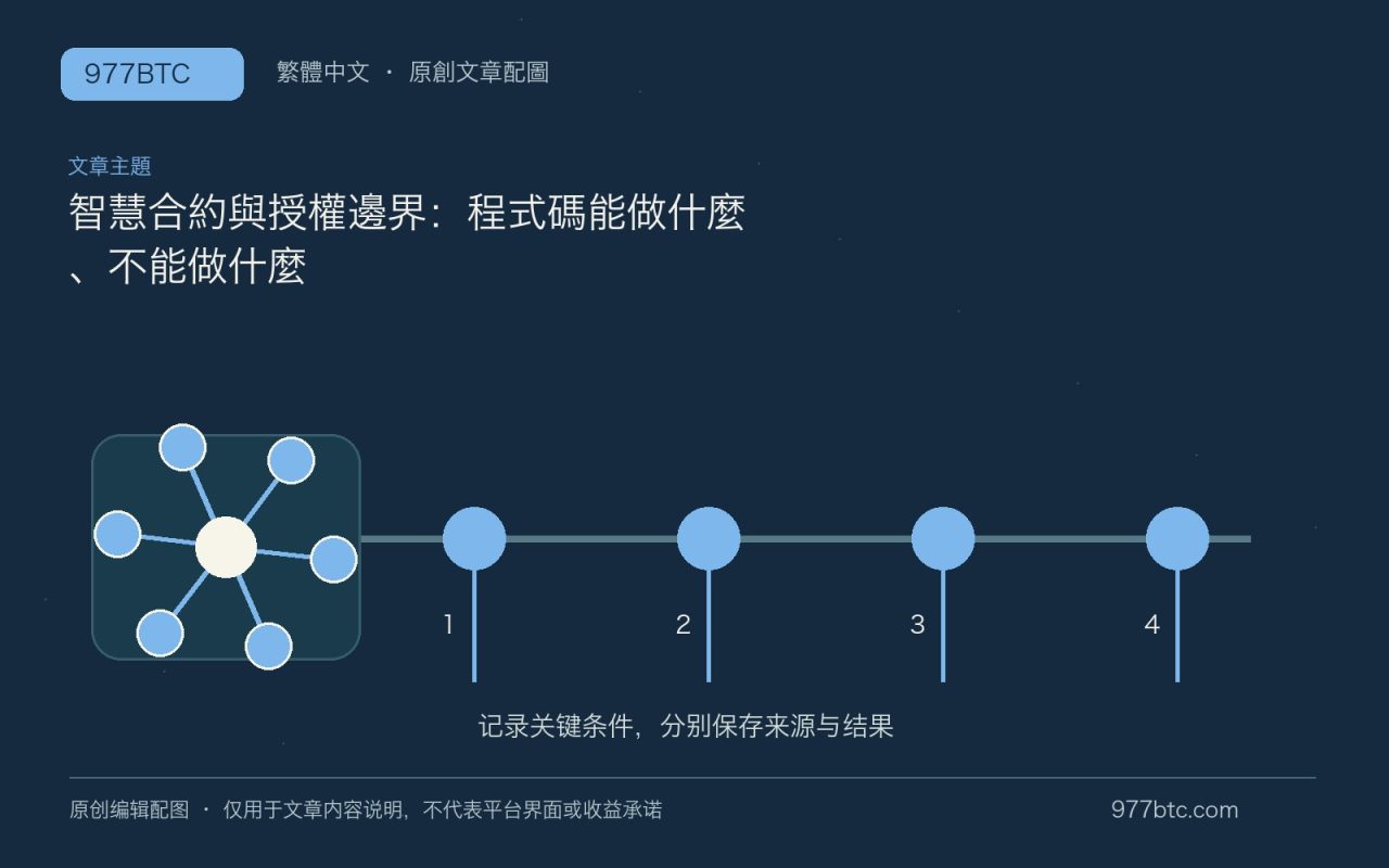 智慧合約與授權邊界：程式碼能做什麼、不能做什麼；本文獨立主題示意配圖