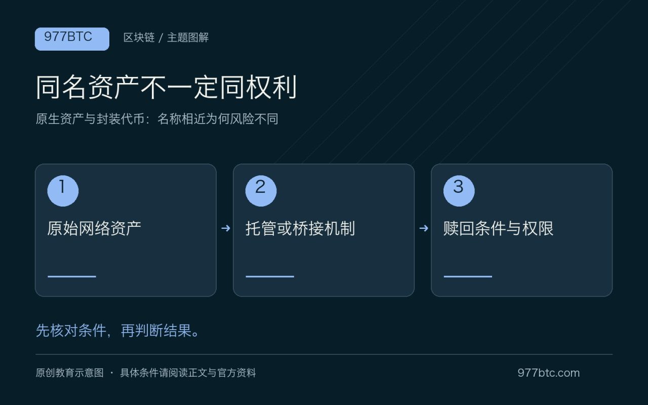 同名资产不一定同权利：原始网络资产；托管或桥接机制；赎回条件与权限