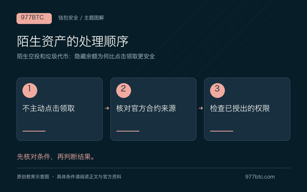 陌生资产的处理顺序：不主动点击领取；核对官方合约来源；检查已授出的权限