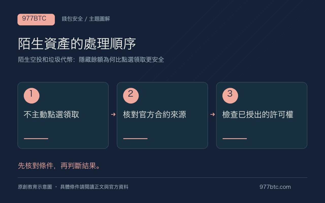 陌生資產的處理順序:不主動點選領取;核對官方合約來源;檢查已授出的許可權