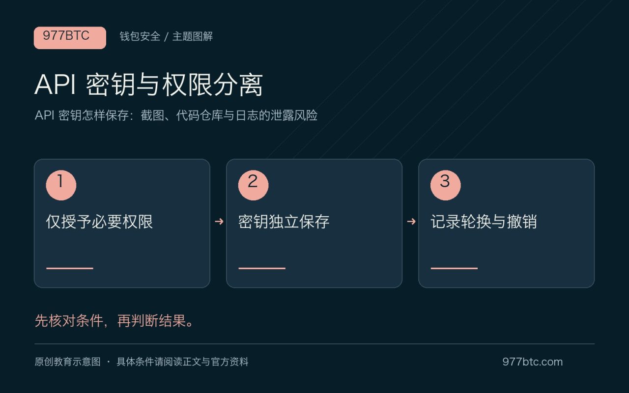 API 密钥与权限分离：仅授予必要权限；密钥独立保存；记录轮换与撤销