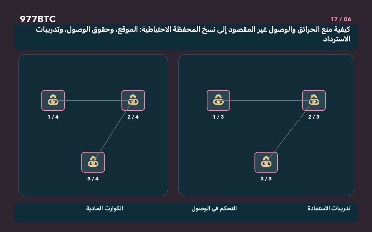 كيفية منع الحرائق والوصول غير المقصود إلى نسخ المحفظة الاحتياطية: الموقع، وحقوق الوصول، وتدريبات الاسترداد