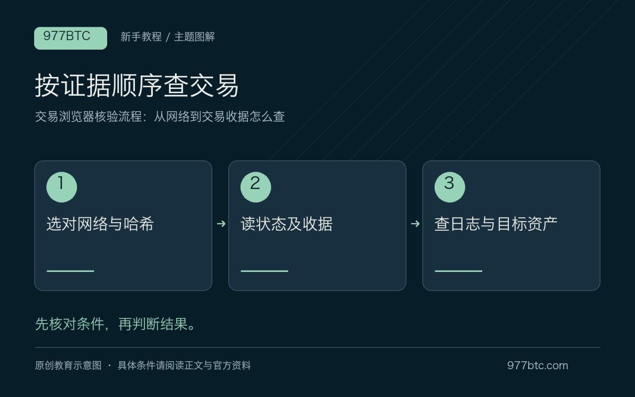 按证据顺序查交易：选对网络与哈希；读状态及收据；查日志与目标资产