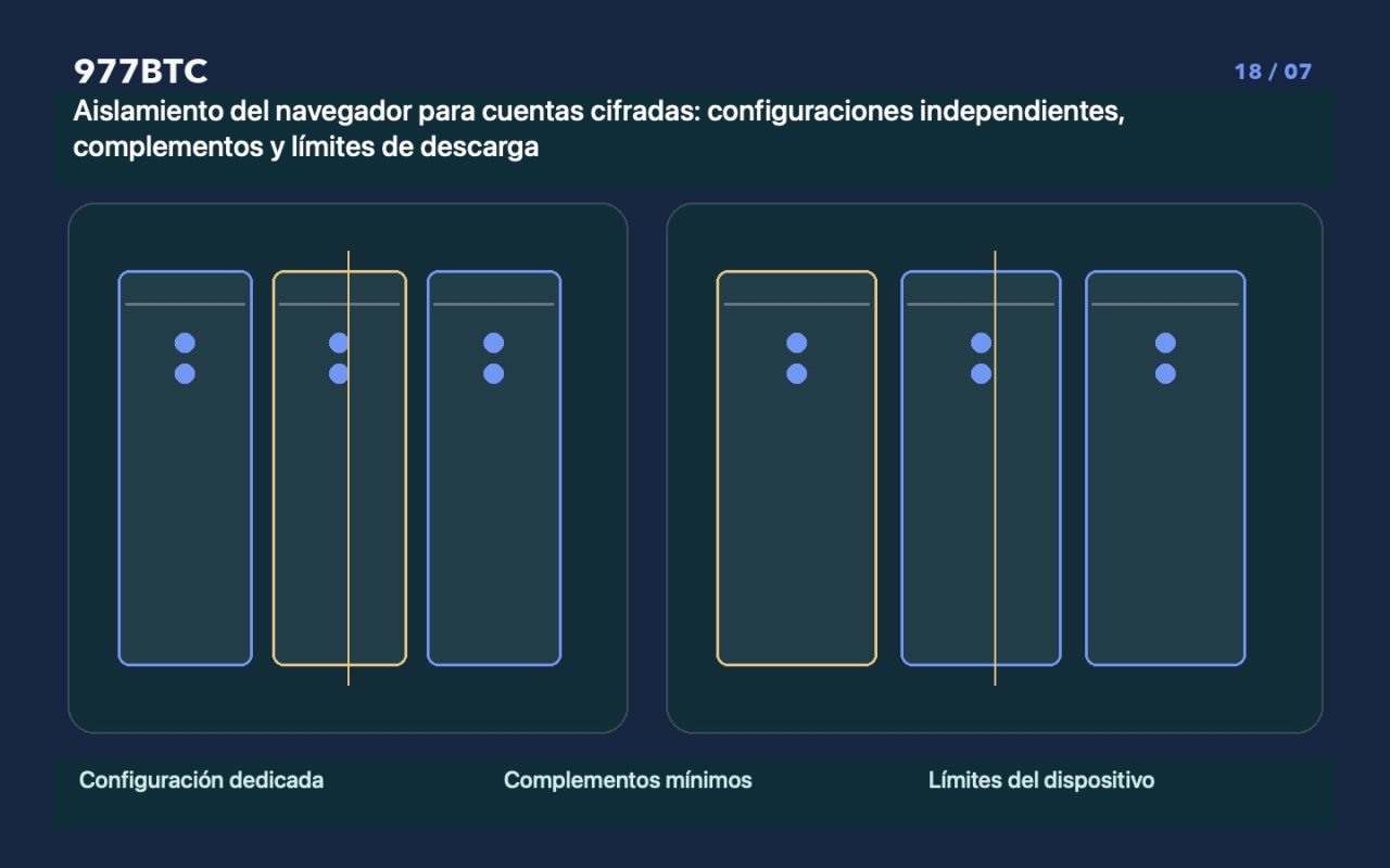 Aislamiento del navegador para cuentas cifradas: configuraciones independientes, complementos y límites de descarga