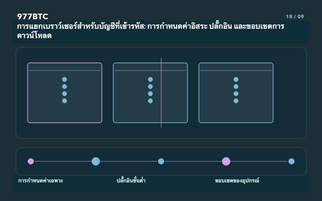 การแยกเบราว์เซอร์สำหรับบัญชีที่เข้ารหัส: การกำหนดค่าอิสระ ปลั๊กอิน และขอบเขตการดาวน์โหลด