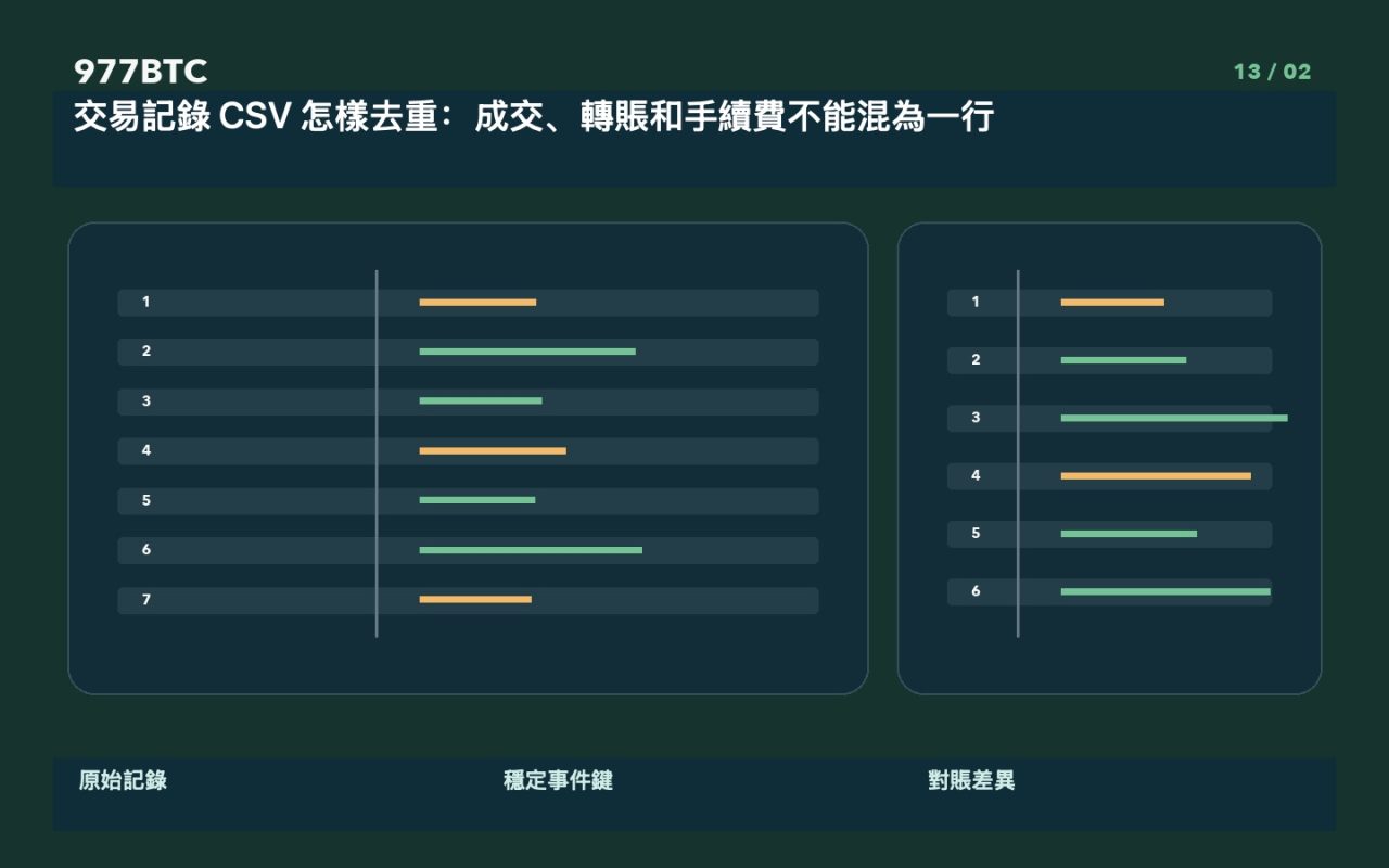 交易記錄 CSV 怎樣去重:成交、轉賬和手續費不能混為一行