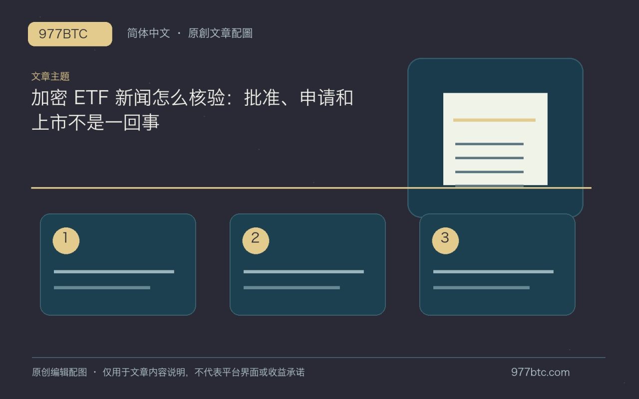加密 ETF 新闻怎么核验：批准、申请和上市不是一回事；本文独立主题示意配图