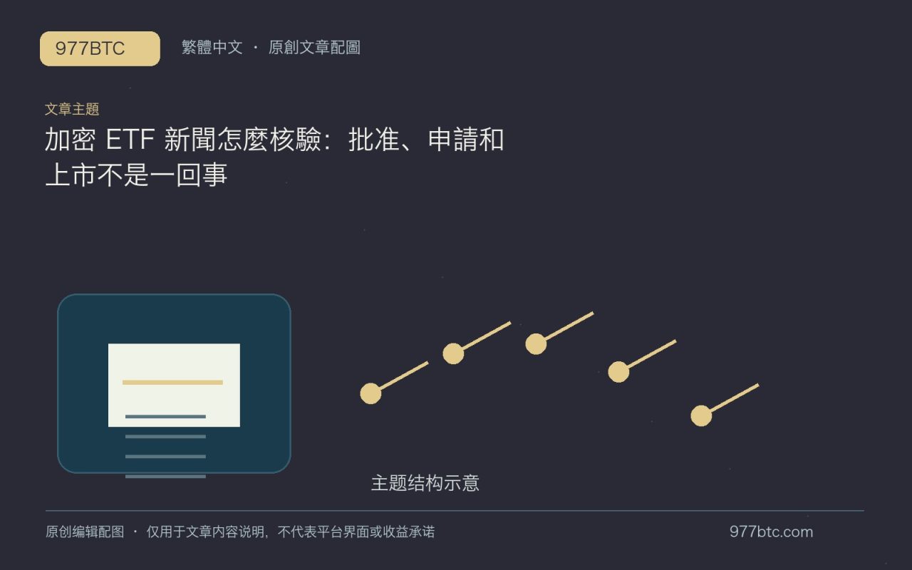 加密 ETF 新聞怎麼核驗：批准、申請和上市不是一回事；本文獨立主題示意配圖