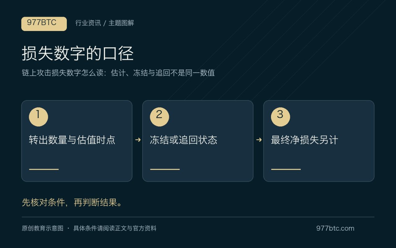 损失数字的口径:转出数量与估值时点;冻结或追回状态;最终净损失另计