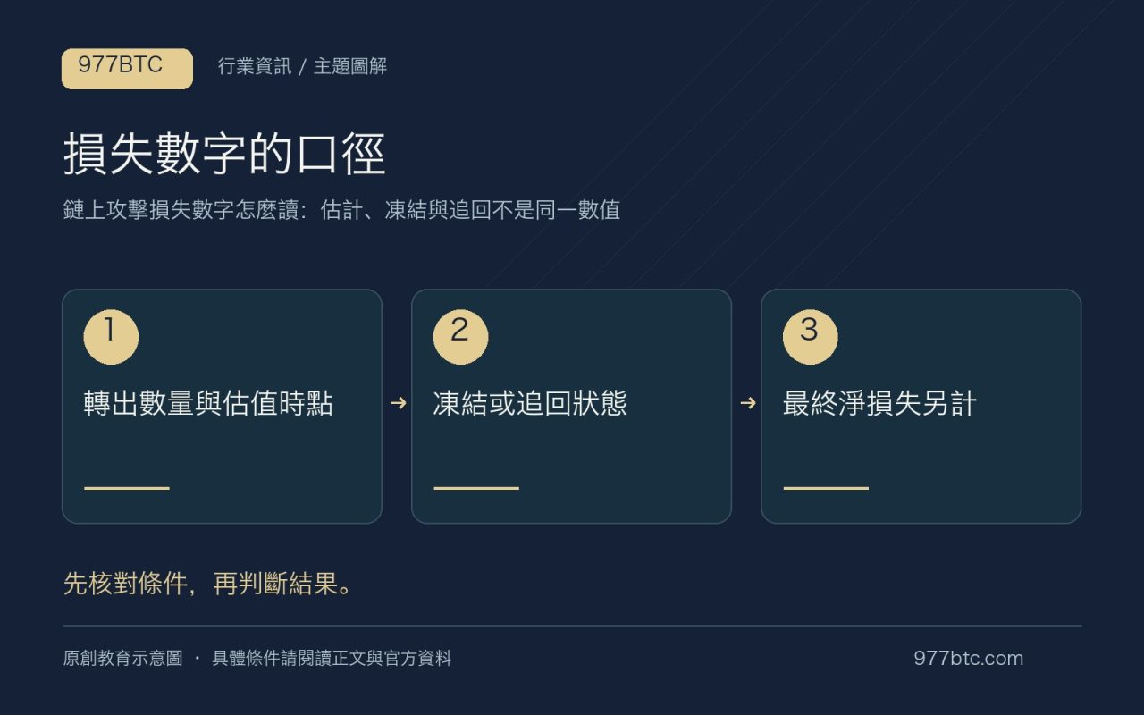 損失數字的口徑：轉出數量與估值時點；凍結或追回狀態；最終淨損失另計