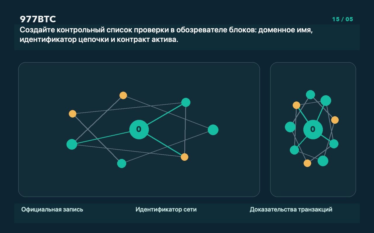 Создайте контрольный список проверки в обозревателе блоков: доменное имя, идентификатор цепочки и контракт актива.