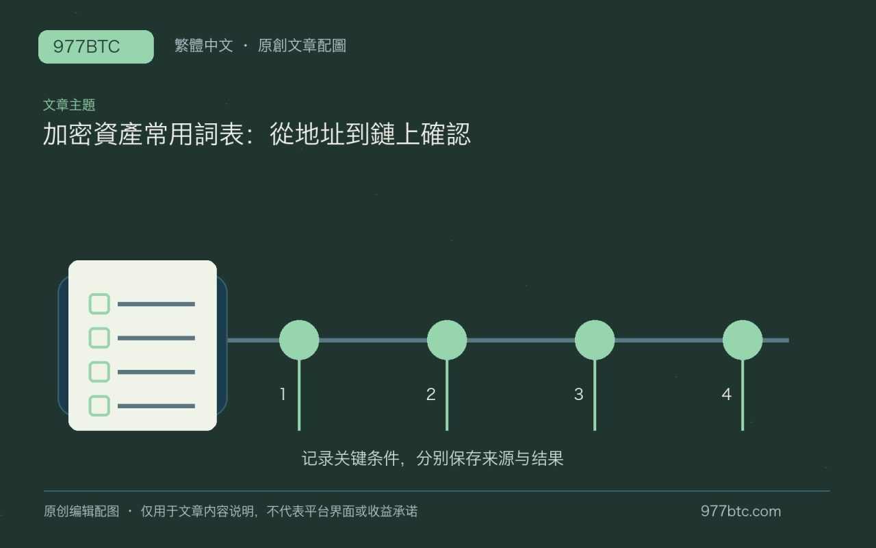 加密資產常用詞表：從地址到鏈上確認；本文獨立主題示意配圖