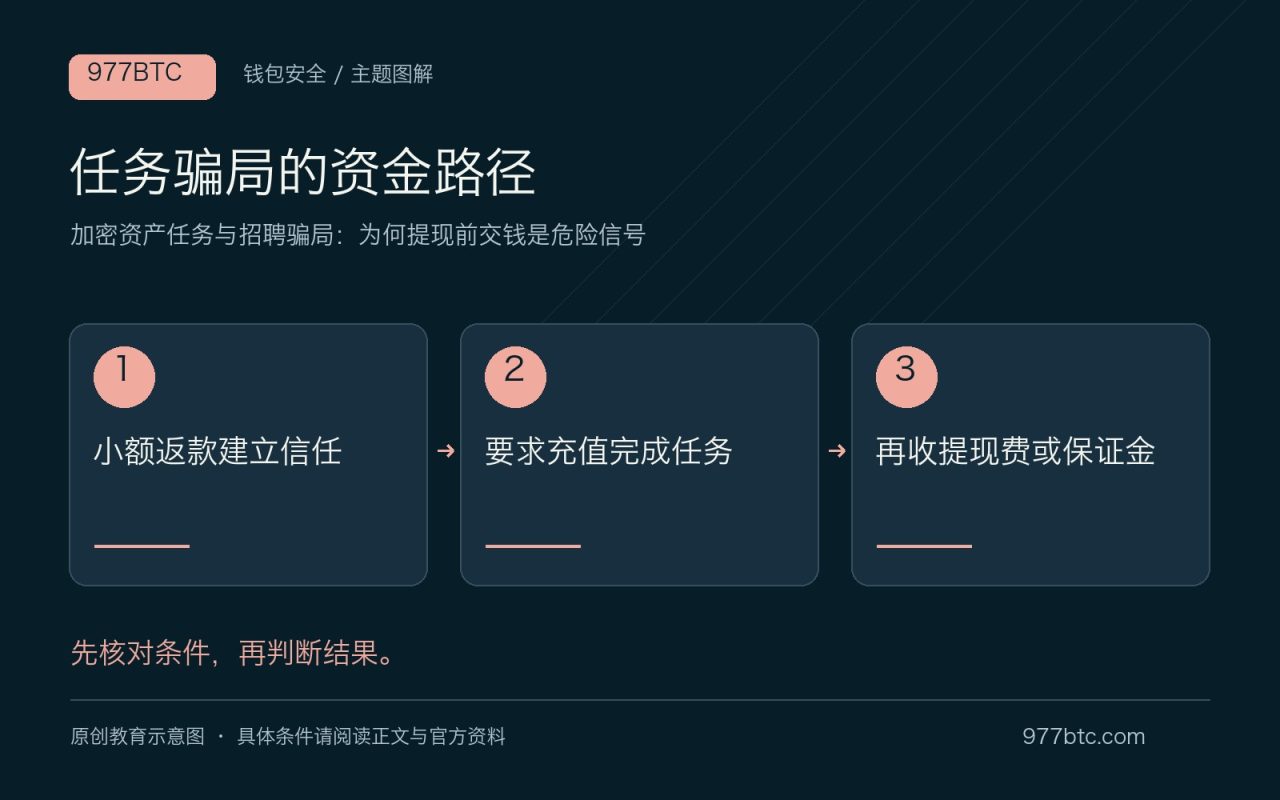任务骗局的资金路径：小额返款建立信任；要求充值完成任务；再收提现费或保证金