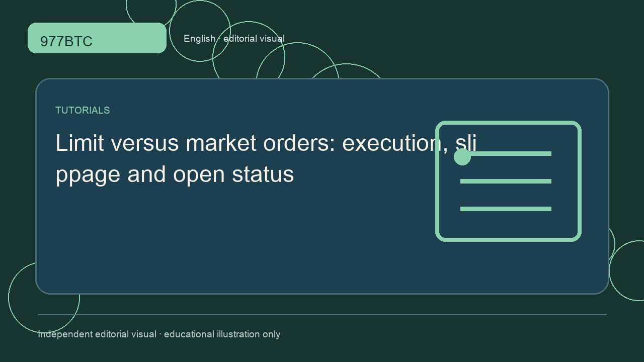 Limit versus market orders: execution, slippage and open status; independent editorial visual