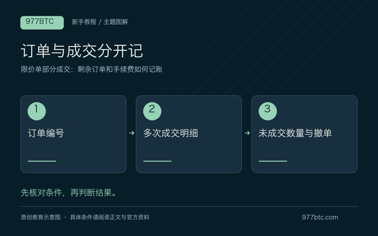 订单与成交分开记：订单编号；多次成交明细；未成交数量与撤单
