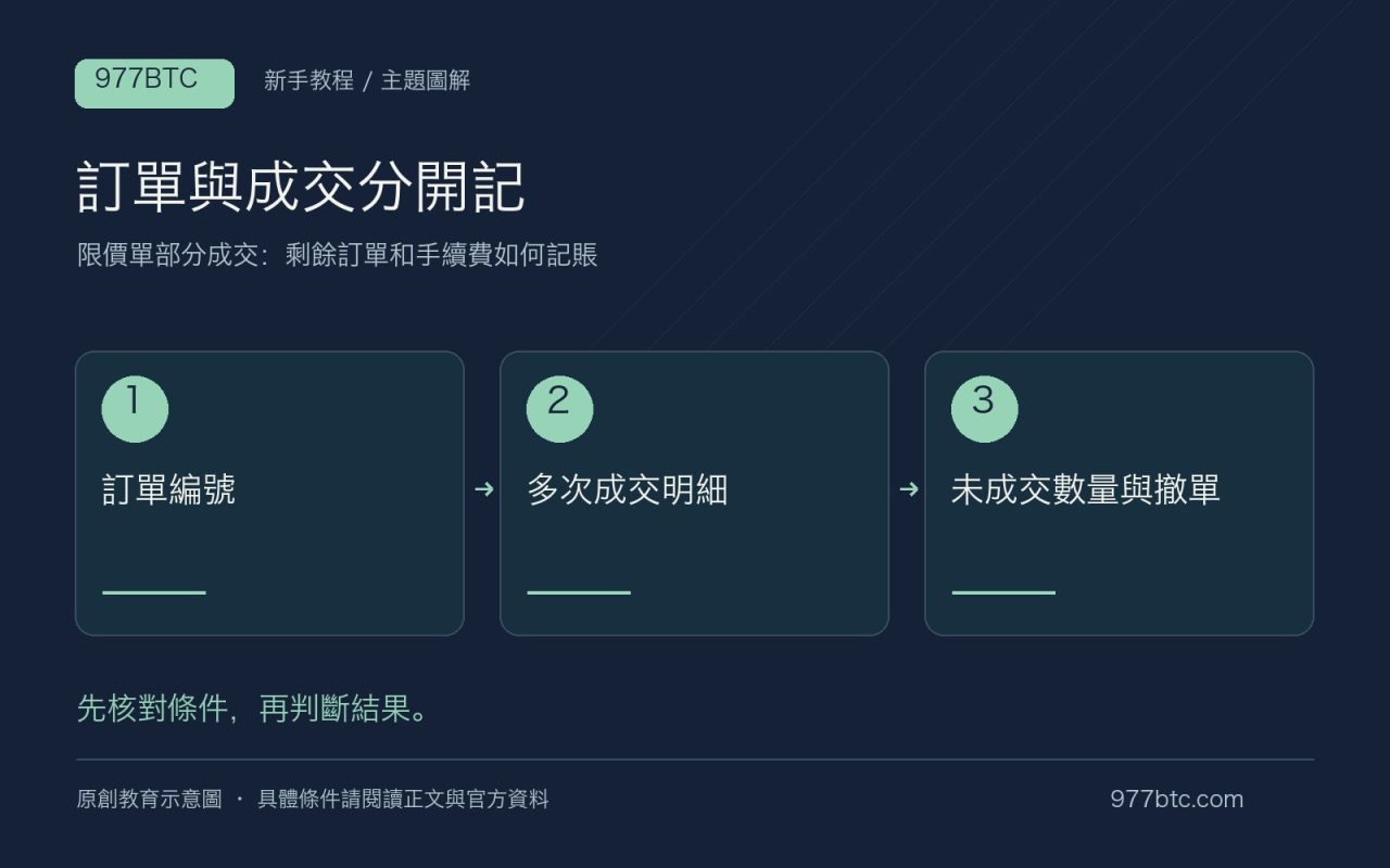 訂單與成交分開記：訂單編號；多次成交明細；未成交數量與撤單