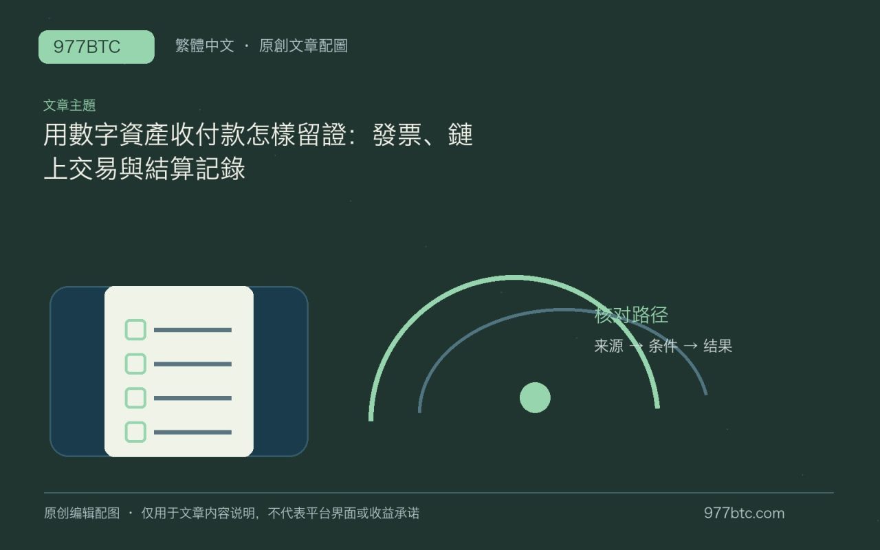 用數字資產收付款怎樣留證：發票、鏈上交易與結算記錄；本文獨立主題示意配圖