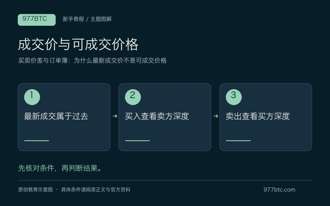 成交价与可成交价格：最新成交属于过去；买入查看卖方深度；卖出查看买方深度