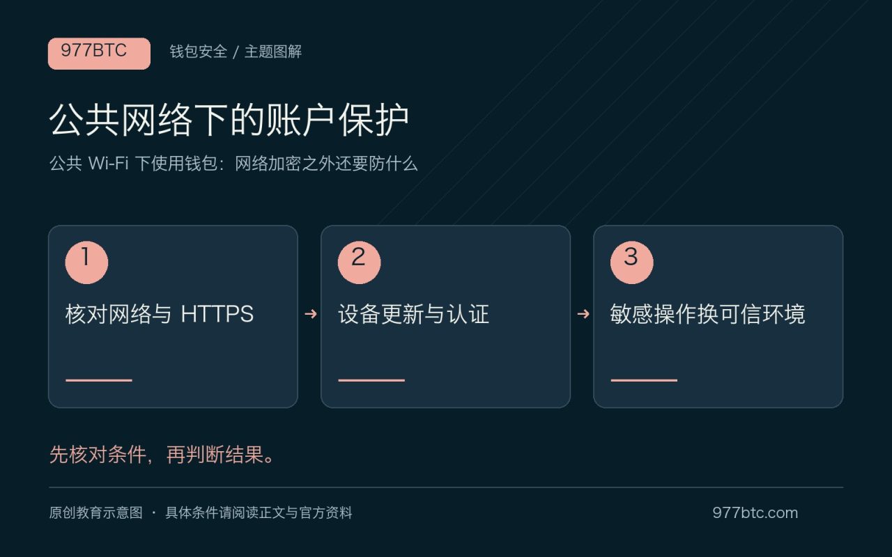 公共网络下的账户保护：核对网络与 HTTPS；设备更新与认证；敏感操作换可信环境