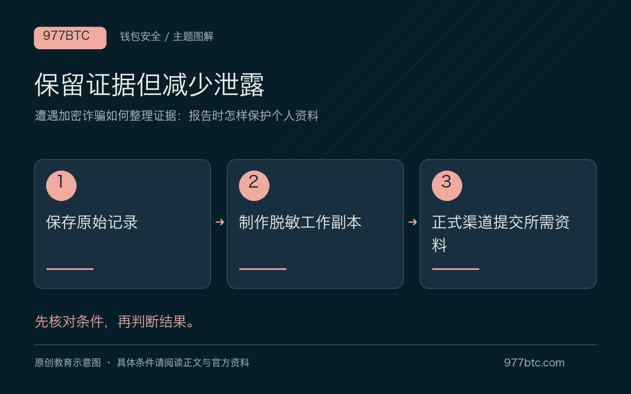 保留证据但减少泄露：保存原始记录；制作脱敏工作副本；正式渠道提交所需资料