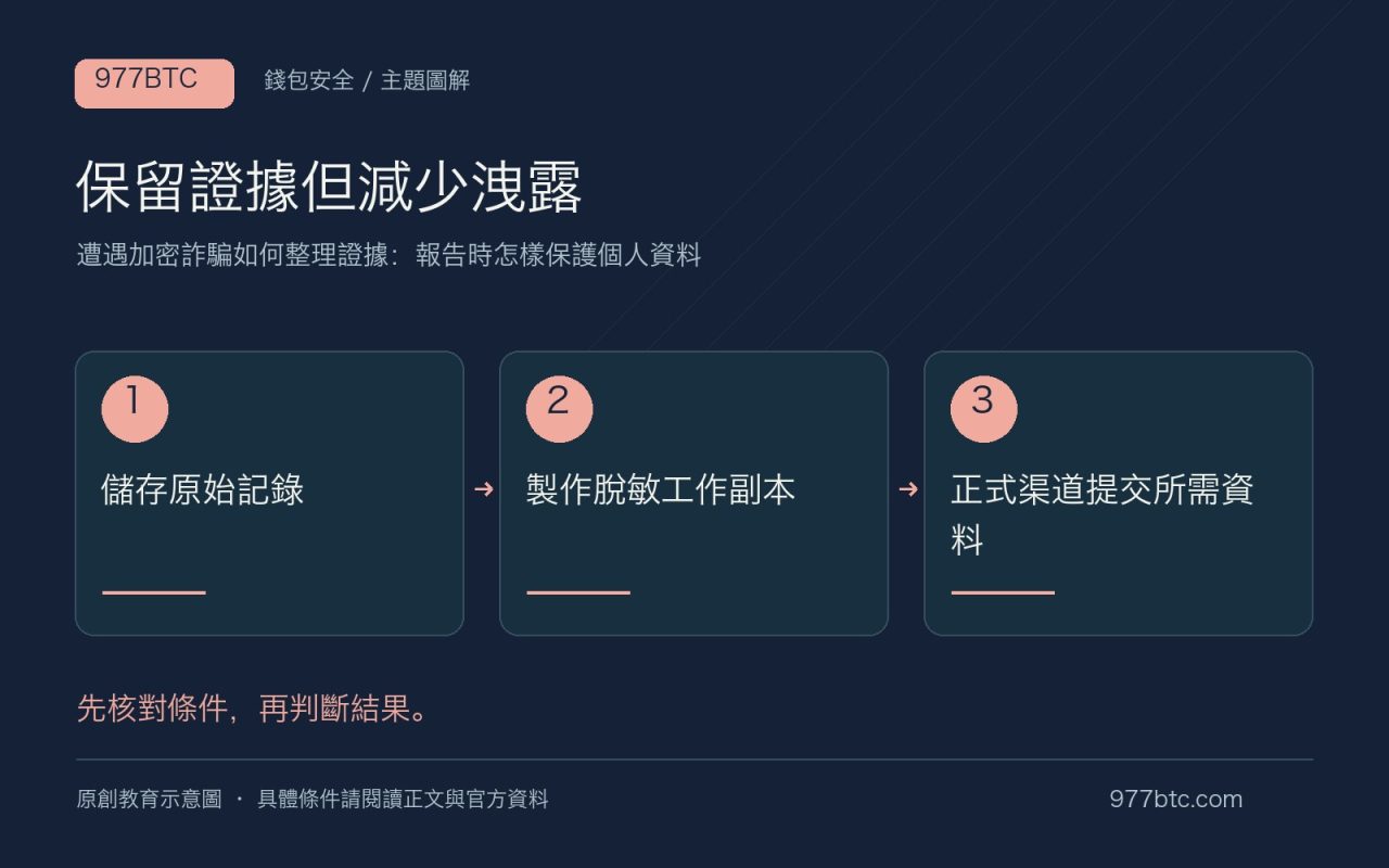 保留證據但減少洩露:儲存原始記錄;製作脫敏工作副本;正式渠道提交所需資料