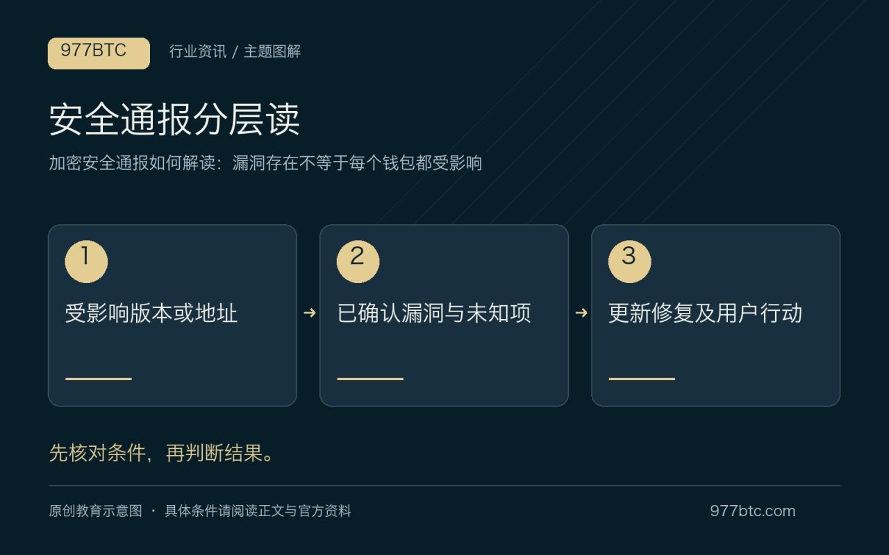 安全通报分层读：受影响版本或地址；已确认漏洞与未知项；更新修复及用户行动