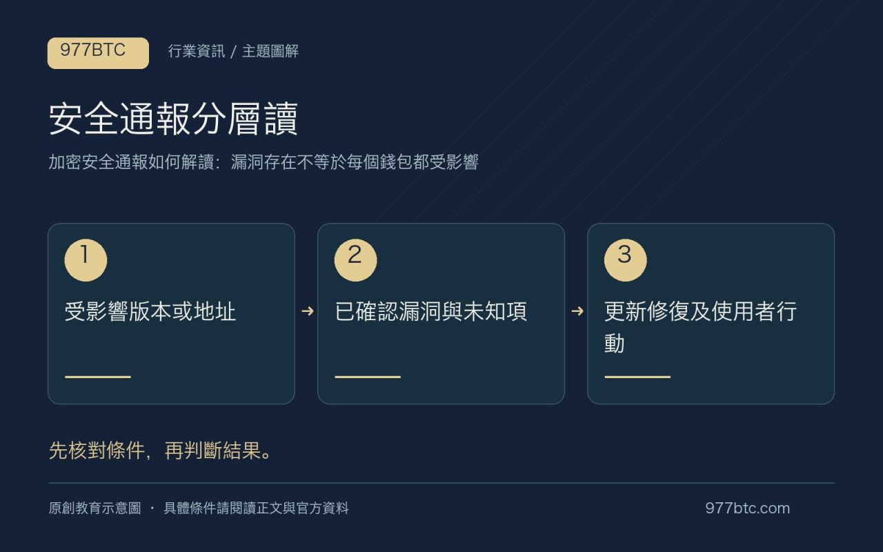 安全通報分層讀：受影響版本或地址；已確認漏洞與未知項；更新修復及使用者行動