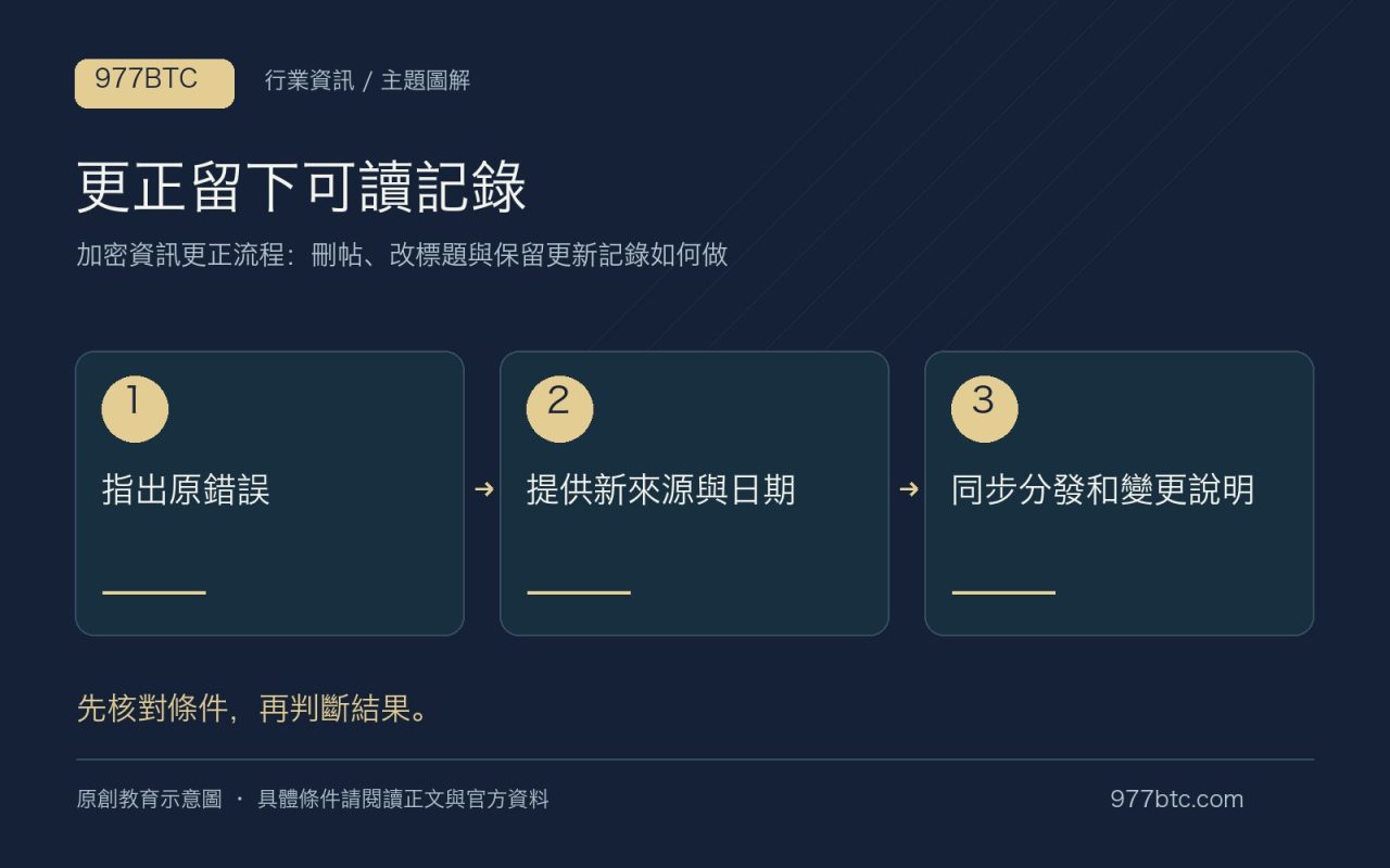 更正留下可讀記錄：指出原錯誤；提供新來源與日期；同步分發和變更說明