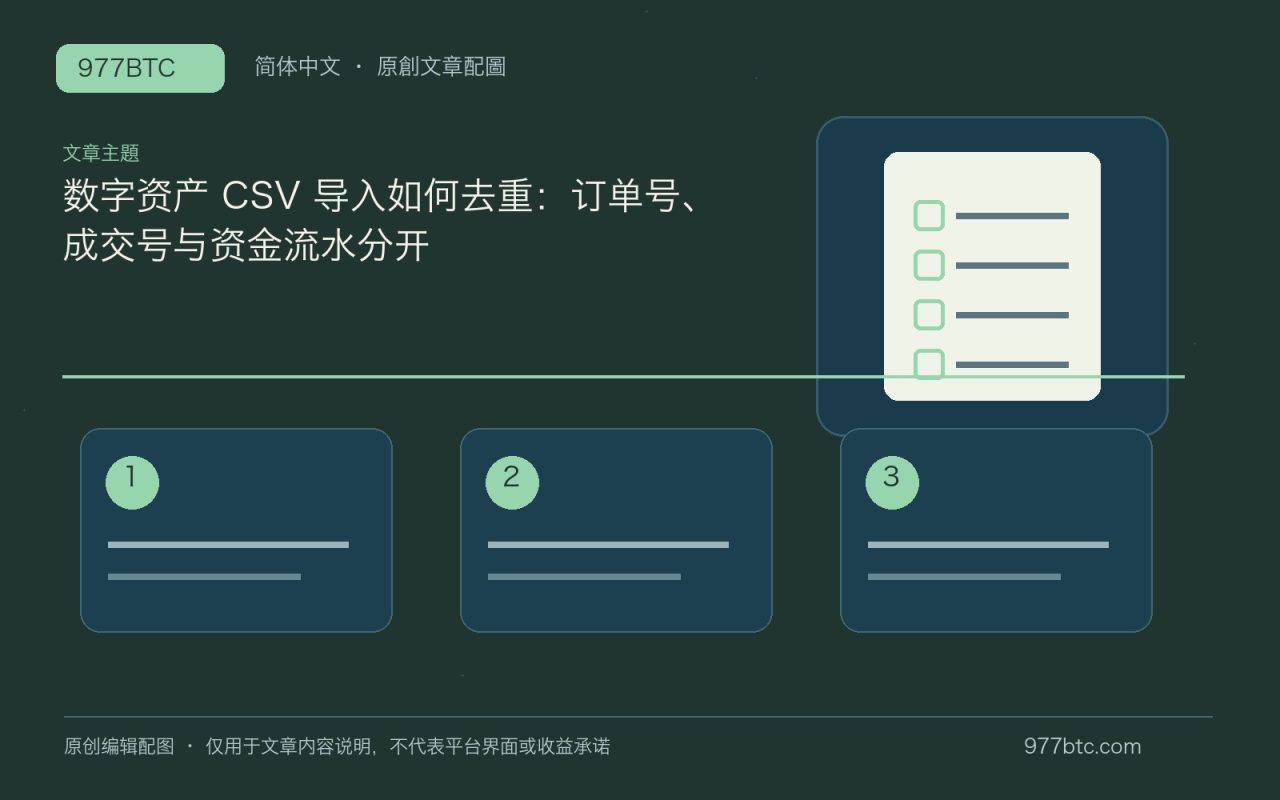 数字资产 CSV 导入如何去重：订单号、成交号与资金流水分开；本文独立主题示意配图