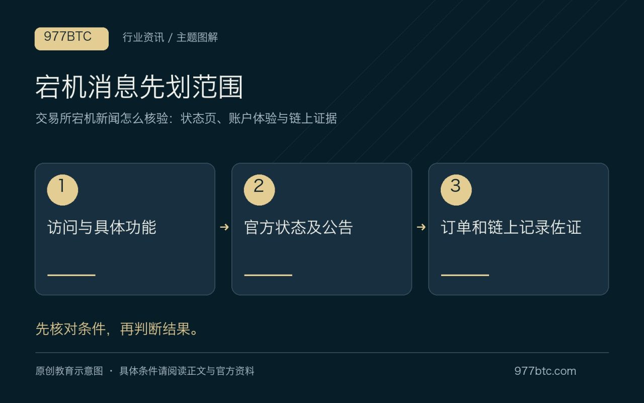 宕机消息先划范围：访问与具体功能；官方状态及公告；订单和链上记录佐证