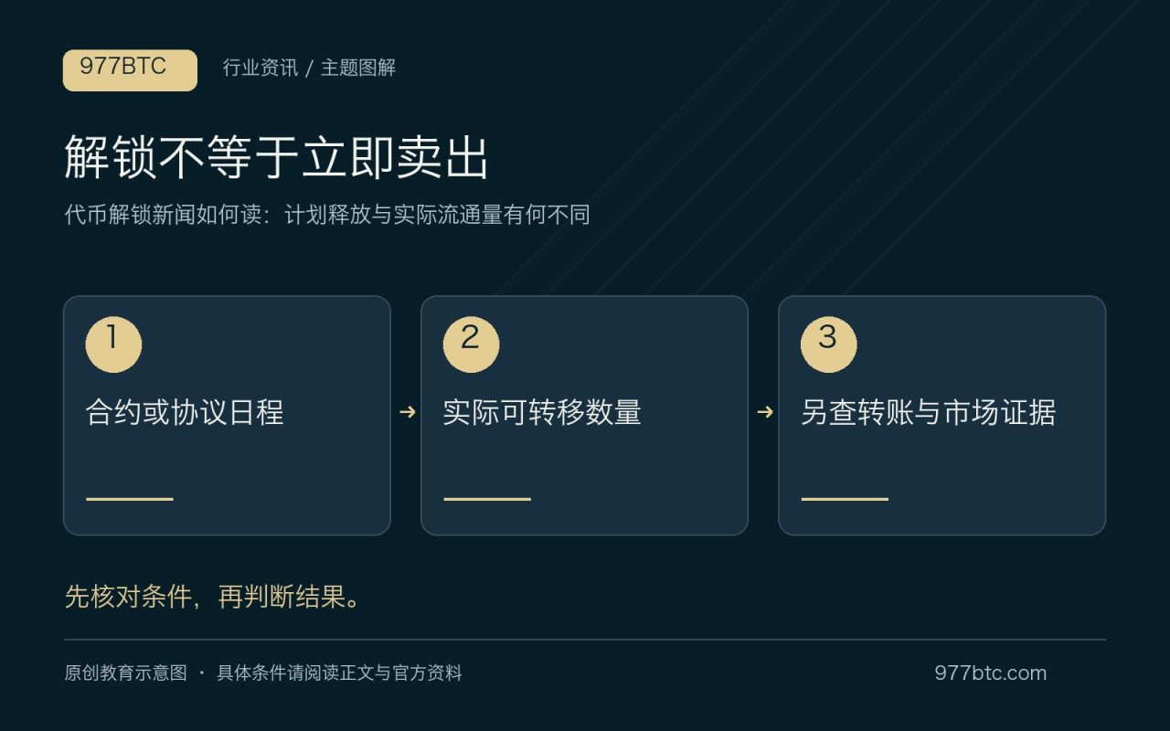 解锁不等于立即卖出：合约或协议日程；实际可转移数量；另查转账与市场证据