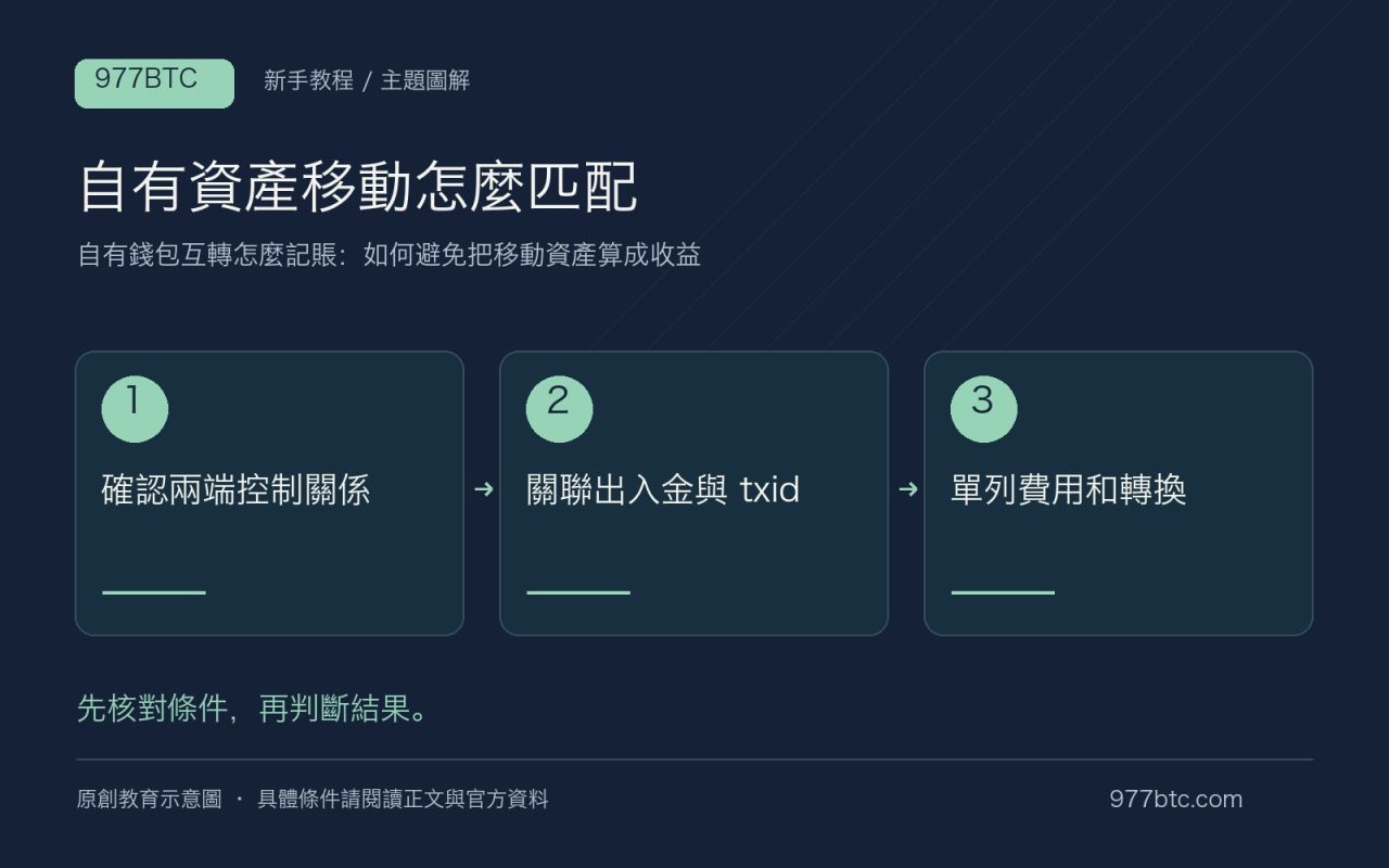 自有資產移動怎麼匹配：確認兩端控制關係；關聯出入金與 txid；單列費用和轉換