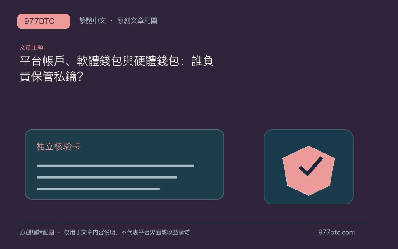 平台帳戶、軟體錢包與硬體錢包：誰負責保管私鑰？；本文獨立主題示意配圖