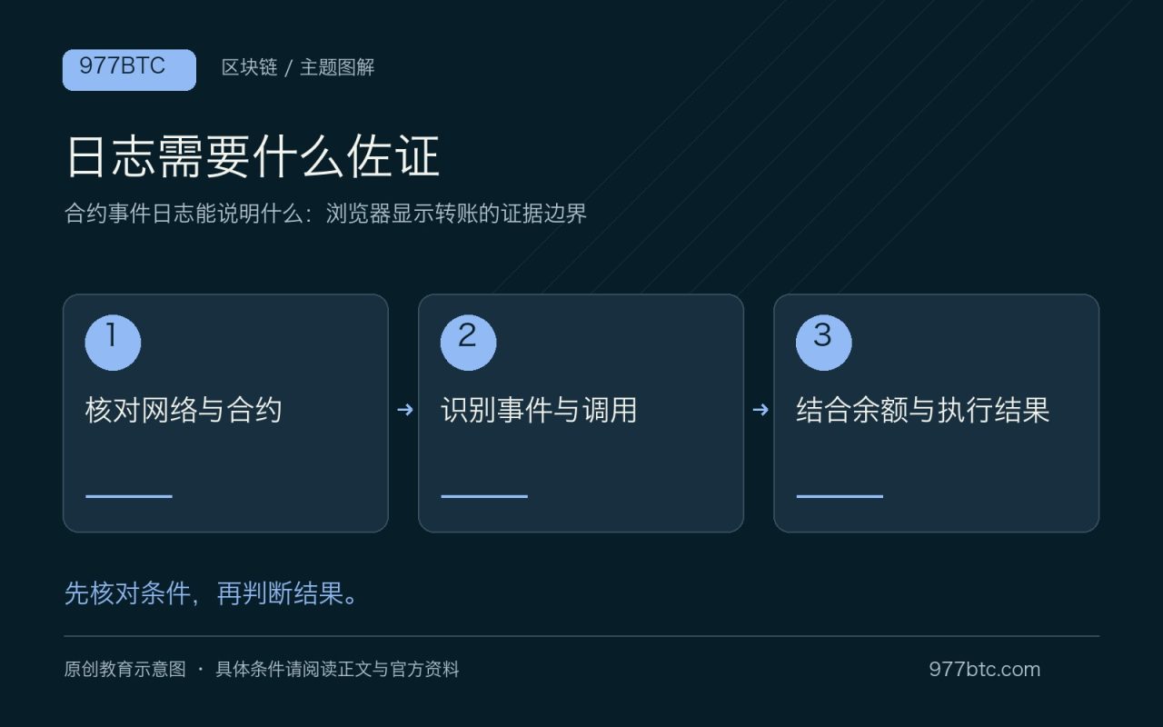 日志需要什么佐证：核对网络与合约；识别事件与调用；结合余额与执行结果