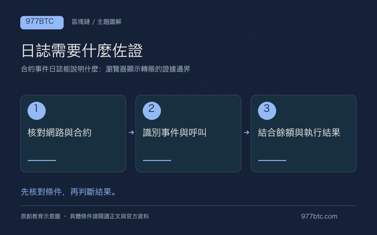日誌需要什麼佐證：核對網路與合約；識別事件與呼叫；結合餘額與執行結果